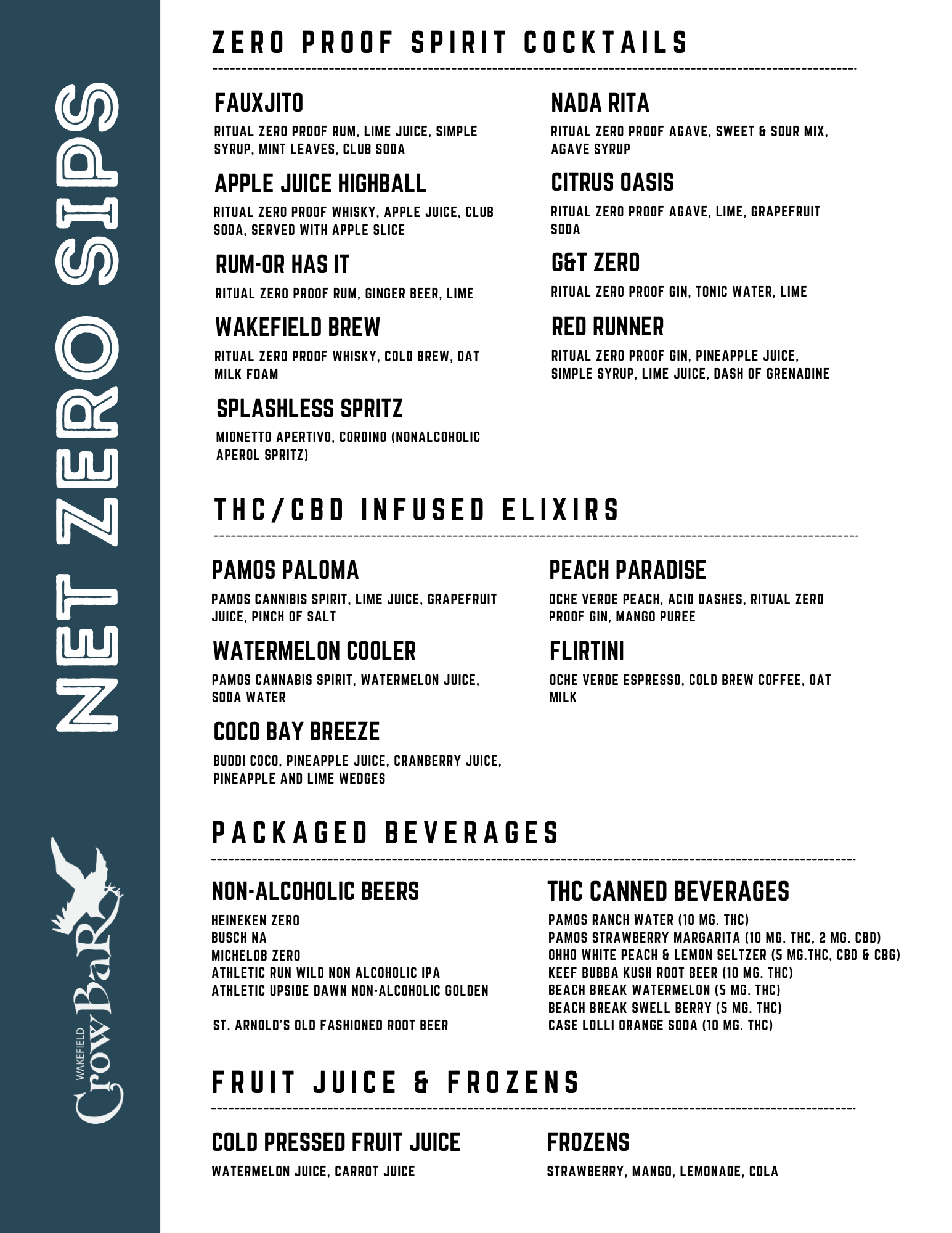 Wakefield Crowbar non-alcoholic drink menu
